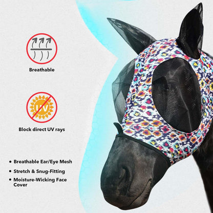 Harrison Howard Super Comfort Stretchy Fly Mask Large Eye Space with UV Protection Soft on Skin with Breathability Geo Feather L