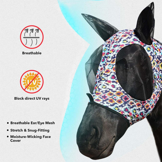 Harrison Howard Super Comfort Stretchy Fly Mask Large Eye Space with UV Protection Soft on Skin with Breathability Geo Feather M