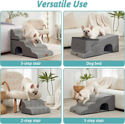 Wide Dog Stairs with Tunnel, Foam Detachable Large Dog Step for Small Pet, Puppy or Cats, Medium Pet Ramp for High Bed, Couch, Sofa or Car, 19.7x33x22.4 inch, 5 Step, White Black