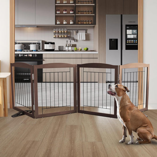 ZJSF Freestanding Dog Fence Indoor, Foldable Dog Gate for Doorways, Stairs or Hallways, Sturdy Wood Extra Wide Pet Gate with Support Feet for The House, Brown, 24 "Height-4 Panels