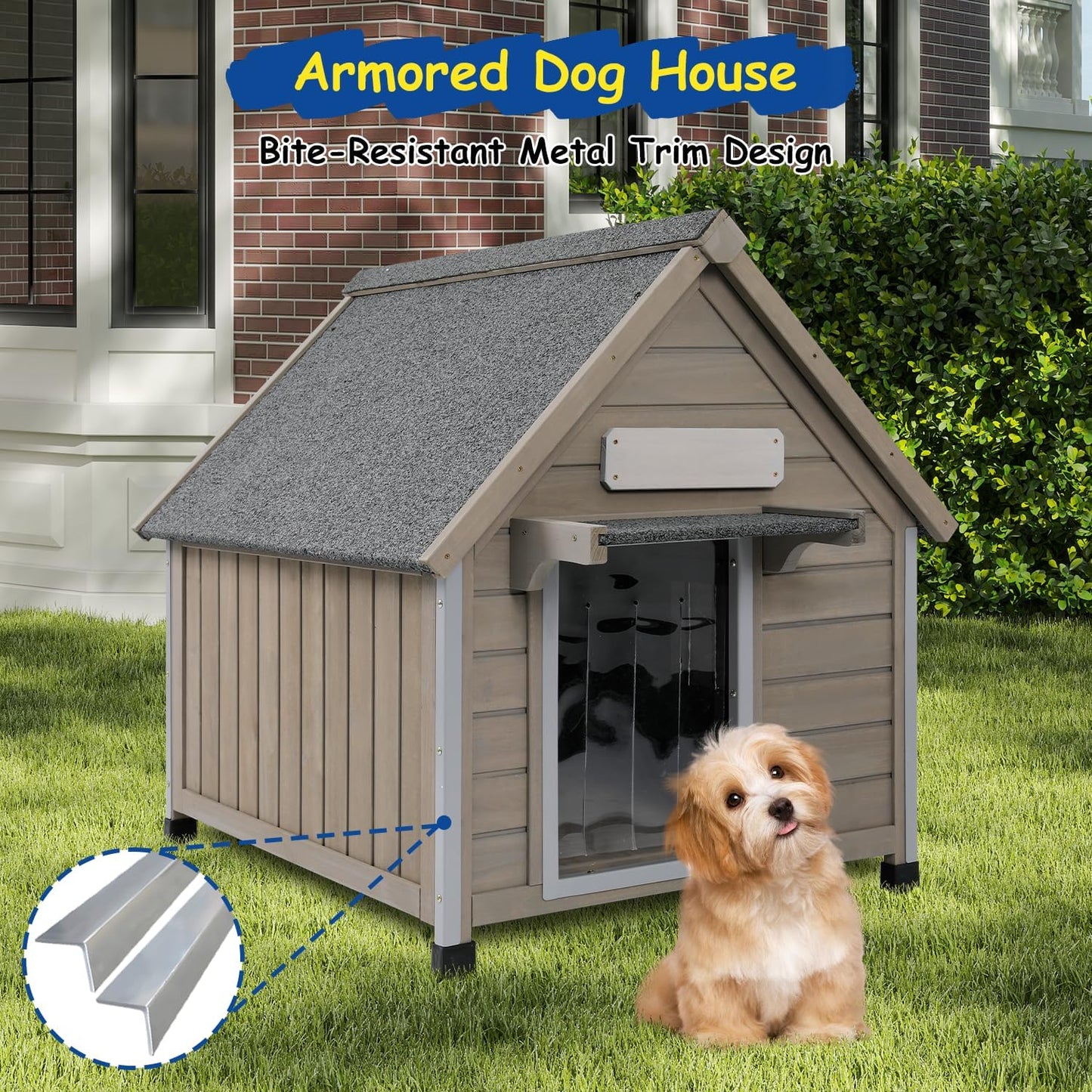 Outdoor Dog House Waterproof for Medium Small Dogs with Anti-Chewing Iron Frame, Adjustable Vent Window, Indoor & Outdoor Doghouse Kennel Puppy Shelter, Easy Clean and Assemble (26" L*31.9" W*32" H) - Pawvie