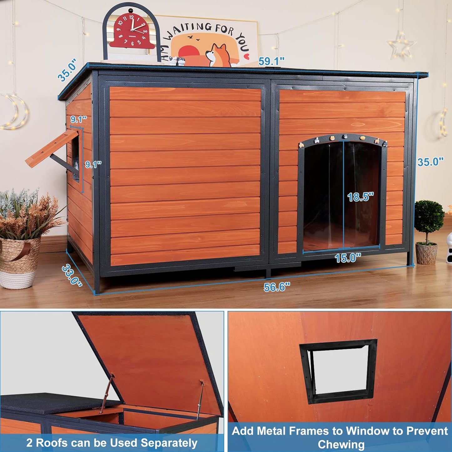 Extra Large Dog House Outdoor 59.1" L Outside Insulated Dog Kennel Weatherproof Winter, 6 Sides All-Round Foam for Small Medium Large Extra Large Dogs, Strong Metal Chew Proof Frame Window