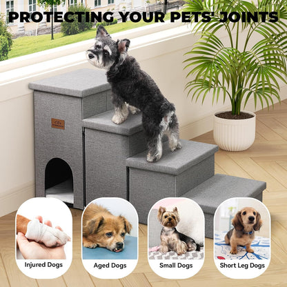Dog Stairs 23" H, 4-Step Wider Dog Steps for High Beds Window, Folding Storage Pet Stairs Gift for Small/Medium/Large Old Dogs Cats, Ramp for Climbing Car Up to 200 lbs (Gray, with Condo)