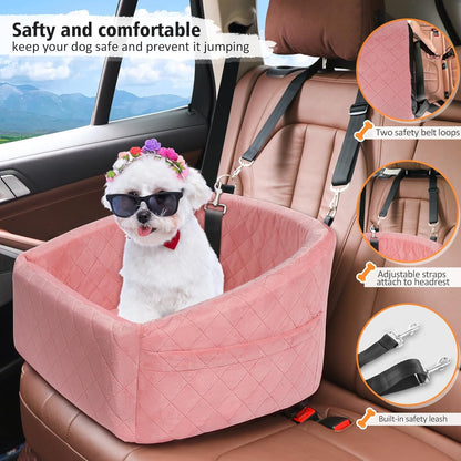 Dog Car Seat for Small Medium Dogs,Detachable Washable Dog Booster Seat Under 30lbs, Pet Car Seats Travel Bed with Storage Pockets and Safety Belt(Pink) - Pawvie
