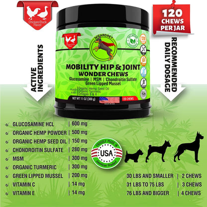 Advanced Hemp Hip and Joint Supplement for Dogs Hemp Oil Glucosamine Chondroitin for Dog Omegas Turmeric MSM Green Lipped Mussel Made in USA Treats Support Mobility 120 Chews