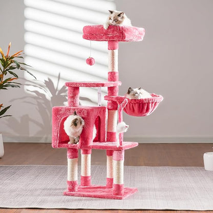Heybly Cat Tree with Toy, Cat Tower Condo for Indoor Cats, Cat House with Padded Plush Perch, Cozy Hammock and Sisal Scratching Posts, Flamingos HCT004SF