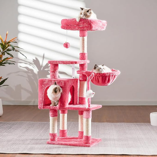 Heybly Cat Tree with Toy, Cat Tower Condo for Indoor Cats, Cat House with Padded Plush Perch, Cozy Hammock and Sisal Scratching Posts, Flamingos HCT004SF