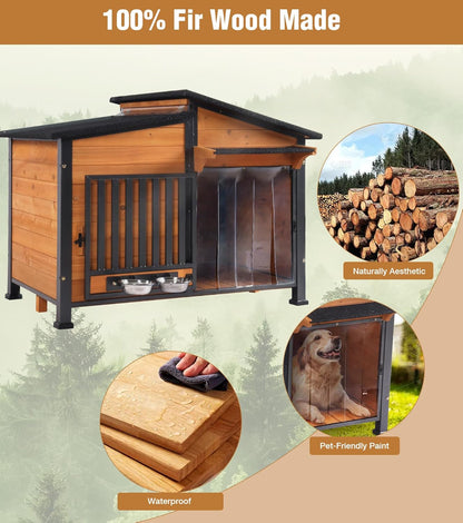 GUTINNEEN Dog House Outdoor with Anti-Chewing Metal Frame, Wooden Dog Kennel with 360° Rotating Feeding Bowl, Weatherproof Roof, for Indoor & Outdoor Use - Natural Wood Color