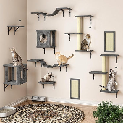 NUNU LAB Wall Mounted Cat Wall Shelves, 10-in-1 Cat Wall Climber with Kitten House, Bridge, Steps, Scratcher, Indoor Space-Saving Furniture for Kittens Play, Gray