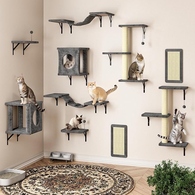 10-in-1 Cat Wall Shelves, Wooden Cat Climbing Wall with Scratching Post, Cat Wall Mounted Furniture for Climbers, Space-Saving Cat Wall for Play & Rest, Drywall & Solid Walls
