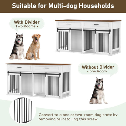 MUPATER 63" L x 23.6" W x 33.3" H Double Wooden Dog Cage Table with 2 Large Drawers & Safety Locks, Large Dog Crate Furniture for 2 Dogs with Removable Divider, Decorative Indoor Dog Kennel Furniture