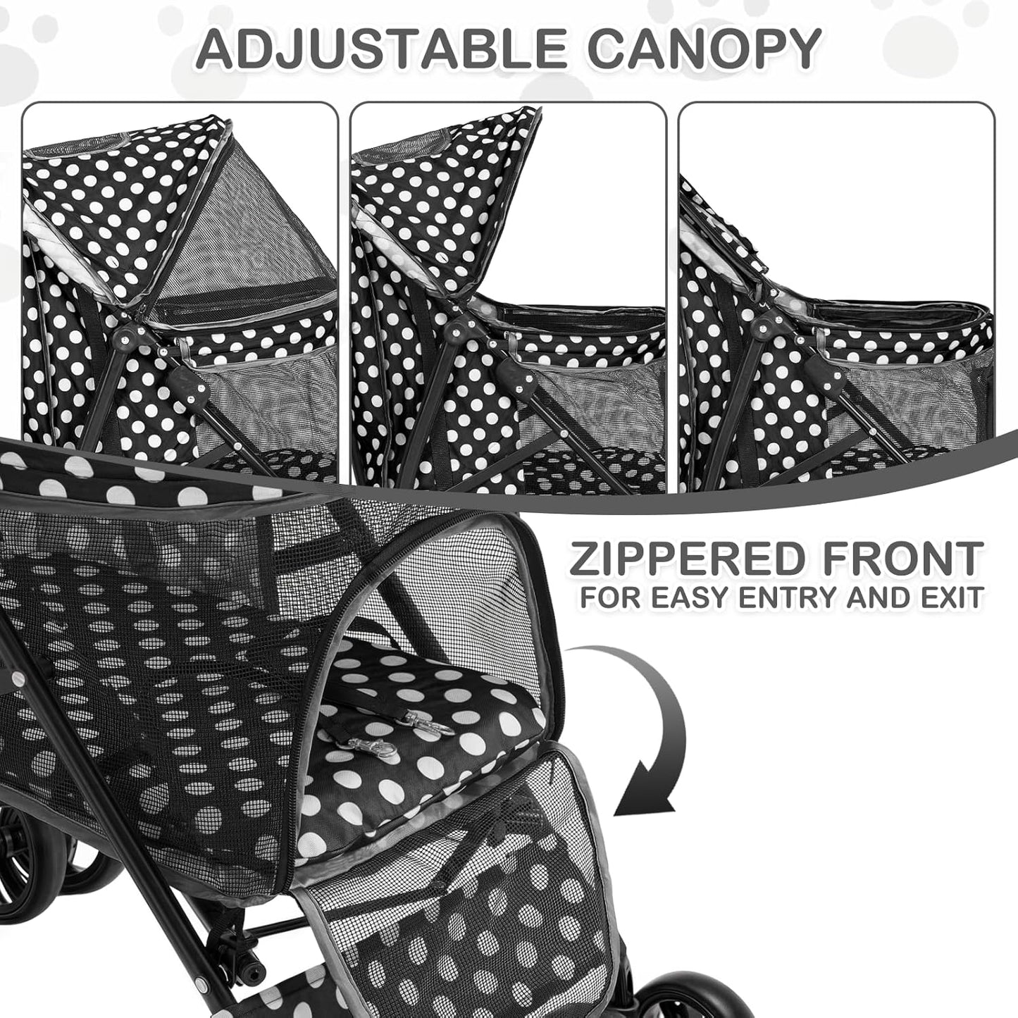 MoNiBloom 4 Wheels Pet Stroller, Easy-Fold Umbrella Shaped Dog Cat Jogger Stroller w/Storage Bag & Visible Mesh for Small/Medium Dogs Cats Black Polka Dots - Pawvie