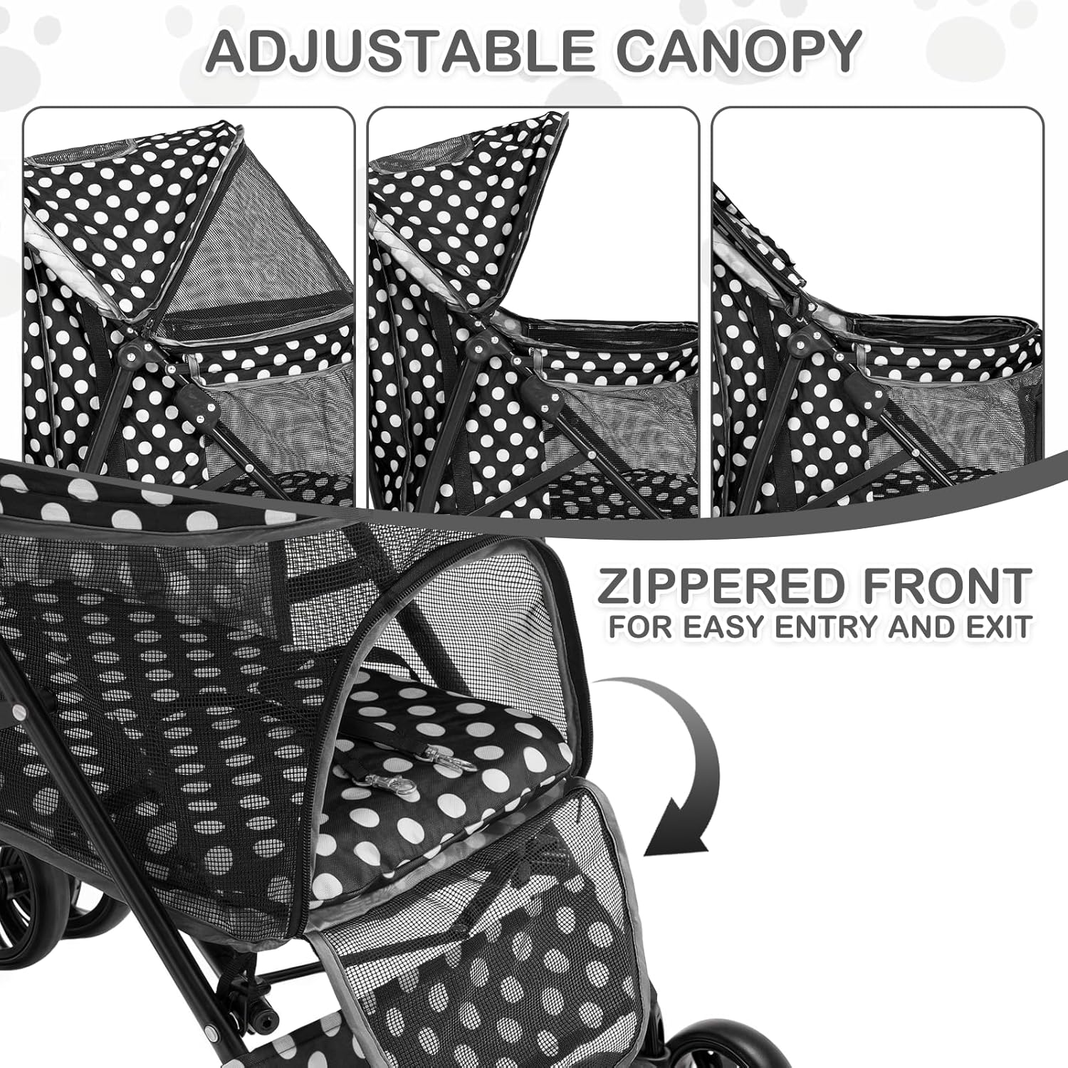 MoNiBloom 4 Wheels Pet Stroller, Easy-Fold Umbrella Shaped Dog Cat Jogger Stroller w/Storage Bag & Visible Mesh for Small/Medium Dogs Cats Black Polka Dots - Pawvie
