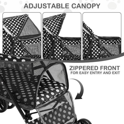 MoNiBloom 4 Wheels Pet Stroller, Easy-Fold Umbrella Shaped Dog Cat Jogger Stroller w/Storage Bag & Visible Mesh for Small/Medium Dogs Cats Black Polka Dots - Pawvie