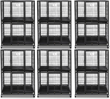 Homey Pet Six Packs 31 Inch Stackable Heavy Duty Dog Crate Cage Kennel with Four Lockable Wheels, Removable Tray, Escape Proof Wire Drop Dog Crates for Small Dogs (Two Tiers)