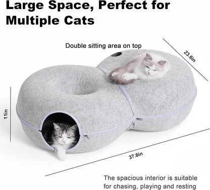 8-Shaped Large Cat Tunnel Bed for Indoor Cats, Infinite Circulation Peekaboo Cat Cave with 12 Toy Balls, Cat Donut Tunnel for Cats up to 30 Pounds (Light Grey, L 38x24x11in)