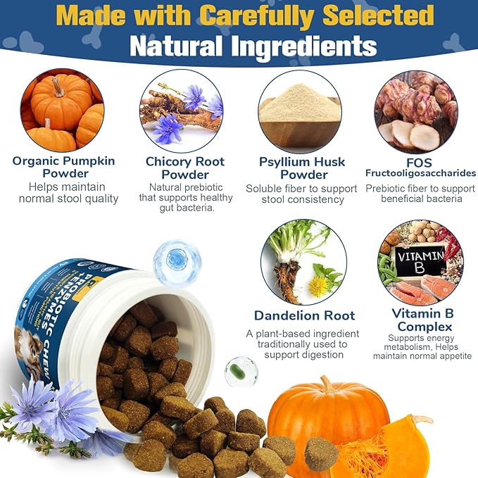 Probiotics for Dogs with Enzymes & Fiber Blend Supports Gut Health, Yeast Balance, Allergies, Itchy Skin, Boost Immune - Natural Probiotic Supplement for Digestive, Diarrhea, Gas, Constipation,120Ct