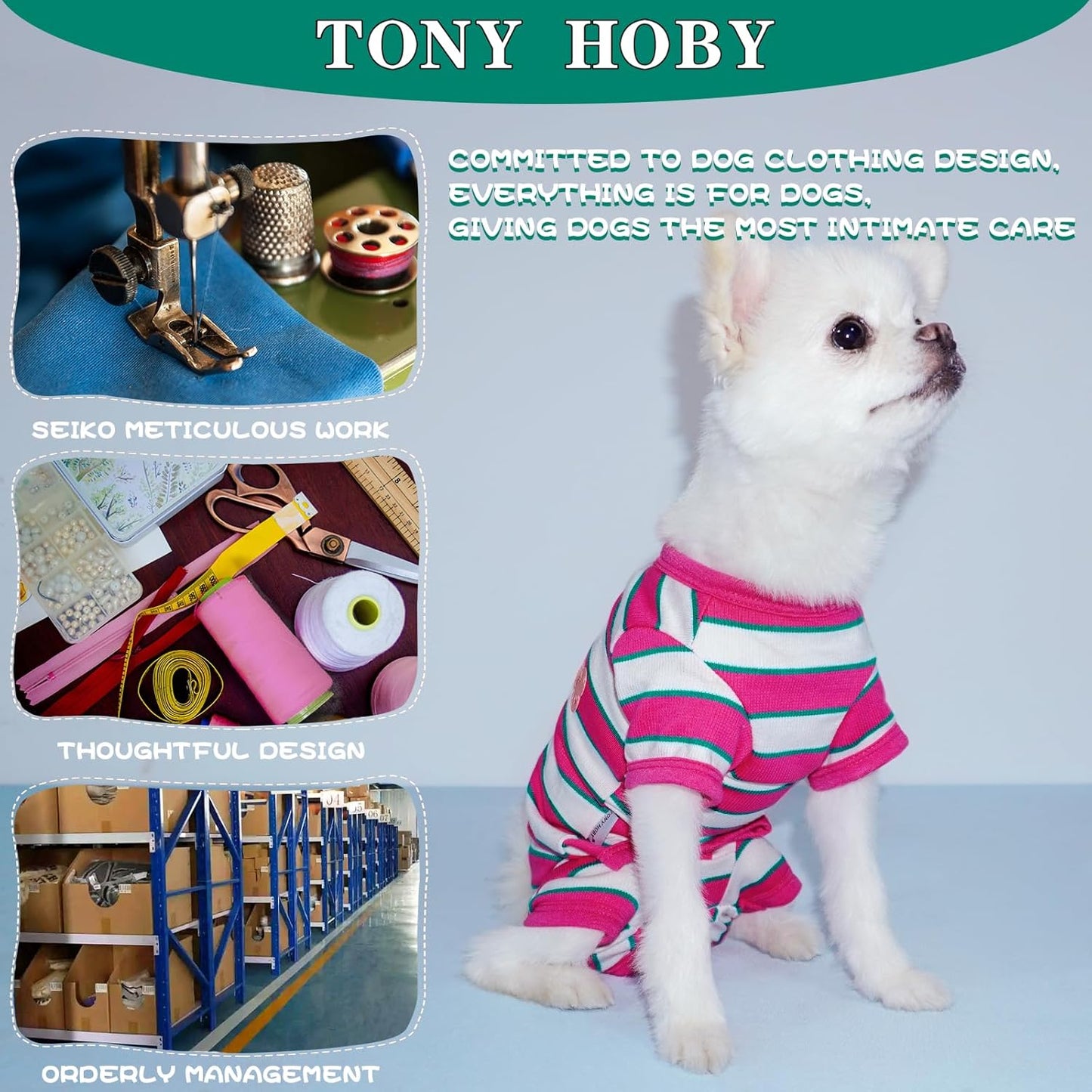 TONY HOBY Male Dog Pajamas, Dog Jumpsuit with Rose Red Stripe, Colorful Dogs Shirt for Small Medium Dogs (Rose Red&White, Boy, S)
