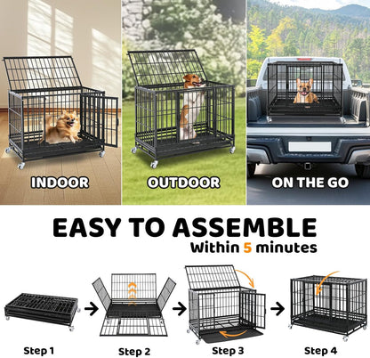 Homey Pet 37 Inch Heavy Duty Dog Crate Indestructible, Collapsible Dog Cage with Lockable Wheels, Removable Tray, High Anxiety Dog Kennel Indoor, Three Tiers Stackable Dog Crates for Medium Dogs
