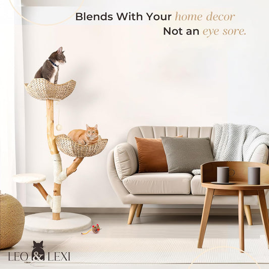 Real Wood Modern Cat Tree Tower, Cat Scratching Post with Bed for Indoor Cats Large Adult, Solid Wooden Climbing Tower, Cute Wicker Condo, Aesthetic Stand, Boho Luxury Pet Furniture