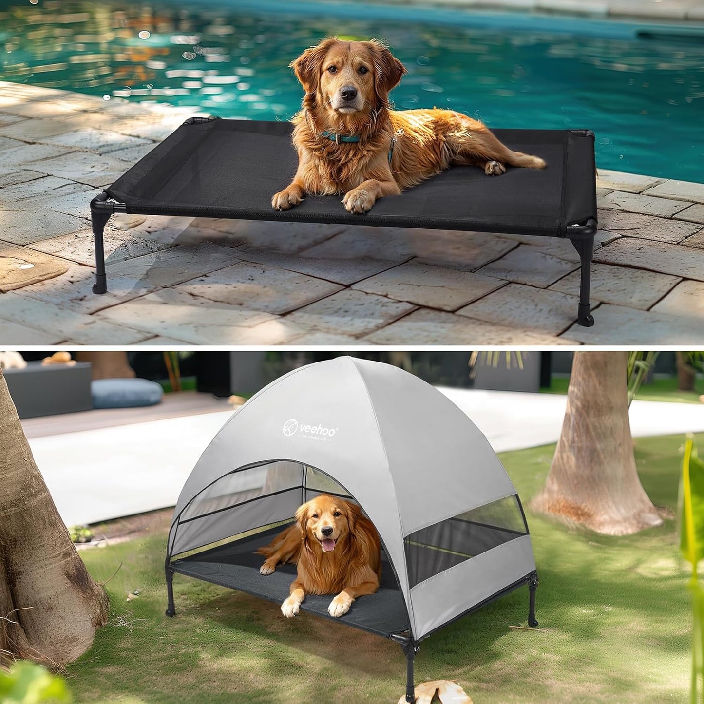 Veehoo Outdoor Dog Bed with Canopy, Cooling Elevated Pet Cot with Removable Shade, Non-Slip Feet, Raised Dog Cot for Large Dogs, Pet Tent Bed for Camping, Beach, Large, Black, CWC2411 - Pawvie