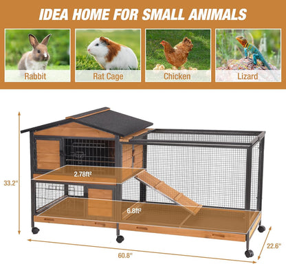 Rabbit Hutch Bunny Cage Strong Iron Frame Rabbit Cage Indoor and Outdoor Chicken Coop with Casters Waterproof Roof, Great for Rabbit,Bunny,Guinea Pig,Chickens.