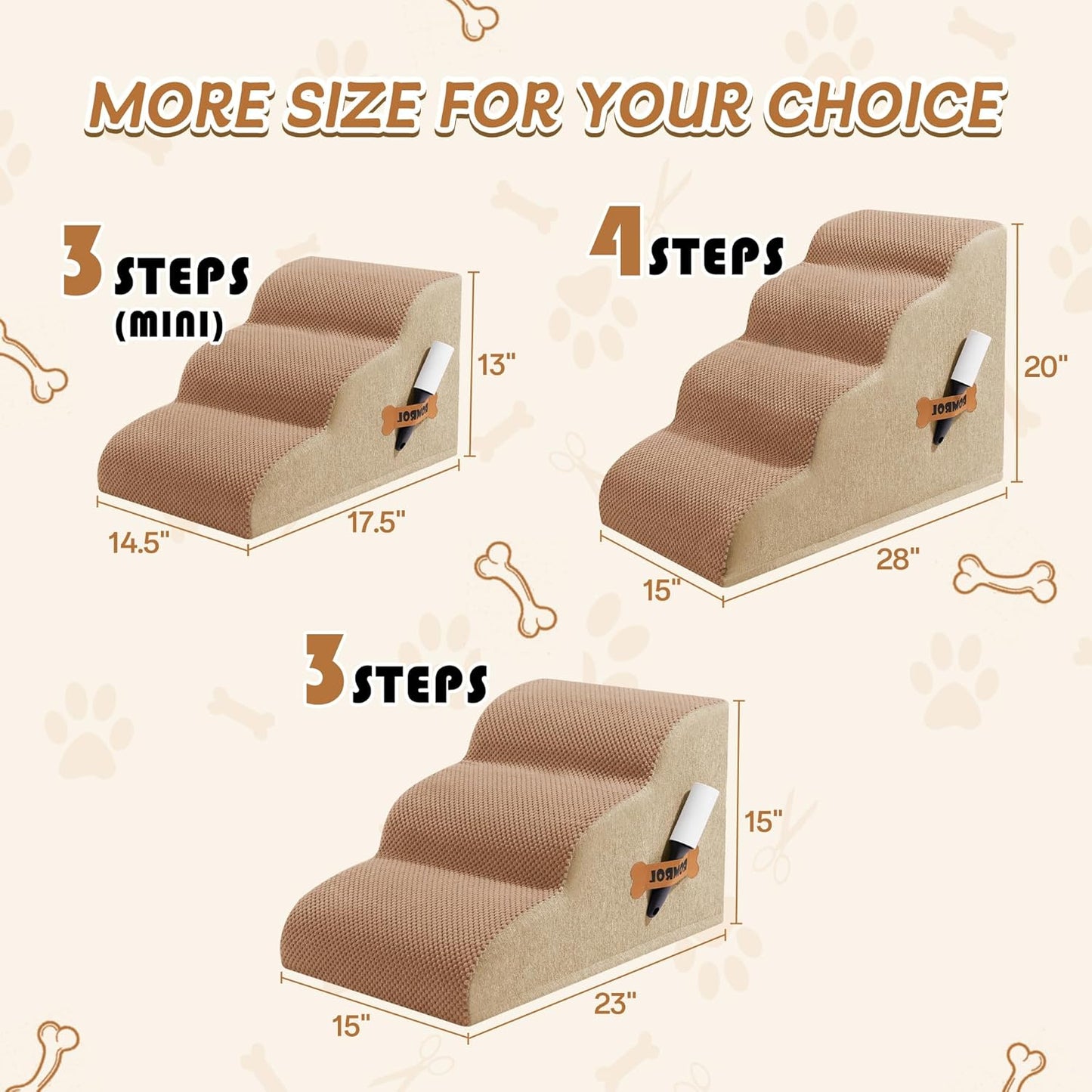 Romrol Dog Stairs Ramp for Beds Couches, Extra Wide Pet Steps with Durable Non-Slip Waterproof Fabric Cover, Dog Slope Stairs for Small Dogs and Cats or Pets Friendly, 3-Tiers, 13 Inch,Light Brown - Pawvie
