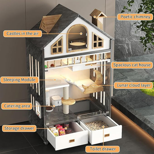 Wooden Cat House Indoor Cats Villa on Wheels, Large Space Cat Cage with Scratching Post, Multi-Feature Enclosed Cat Condo with Cat Litter Box Drawer, 63" X 35" X 24"