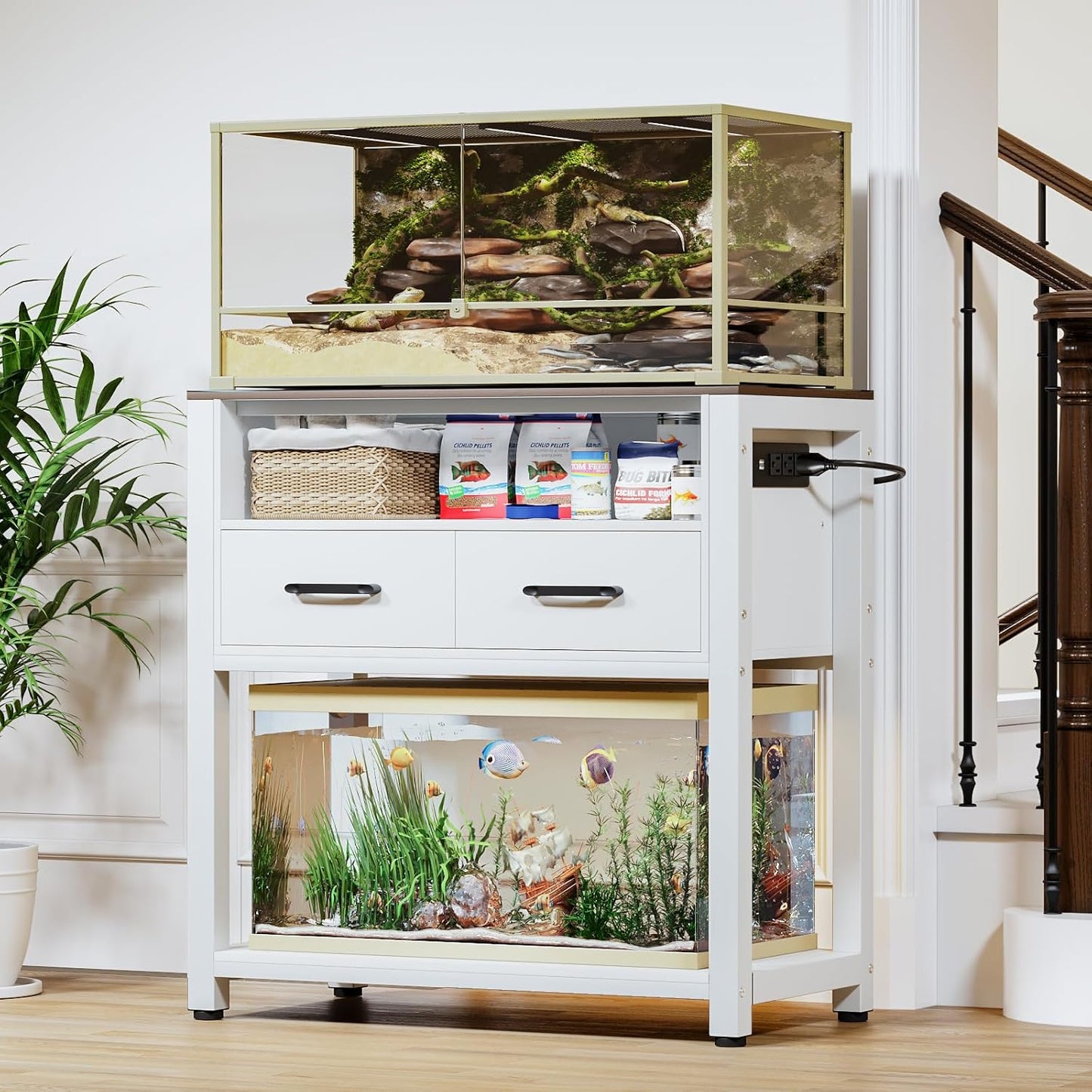 20-29 Gallon Fish Tank Stand with Power Outlet & 2 Storage Drawers, Heavy Duty Metal Frame Aquarium Stand with Waterproof Mat, 30.7" L*15.7" W Tabletop, 550LBS Capacity, White+Brown