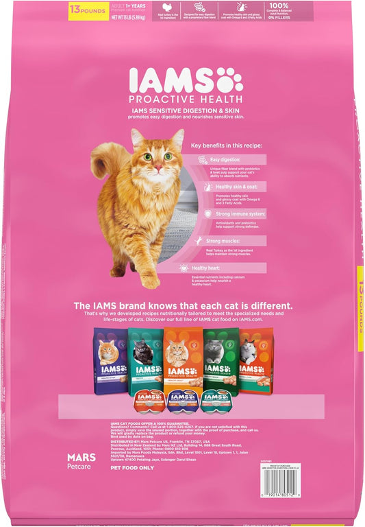 IAMS Proactive Health Adult Sensitive Digestion & Skin Dry Cat Food with Turkey, 13 lb. Bag