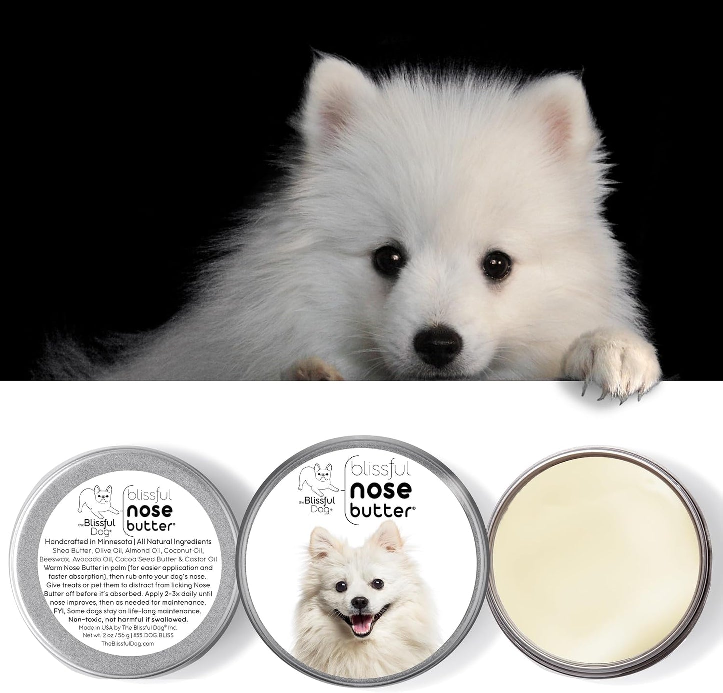 The Blissful Dog American Eskimo Nose Butter for Dry, Cracked Skin, Lick-Safe Dog Nose Balm with Moisturizing Shea Butter, Almond, Olive, and Essential Oils, Pet Supplies, Uncented, 8 oz.