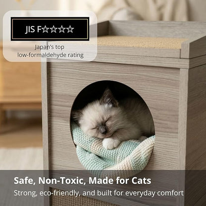 Meowdium Cat House – Cat Condo with Cardboard Scratcher, Scratching Post, Bed & Toy Storage, Cozy Cat Furniture & Accessories for Indoor Cats, Greywood
