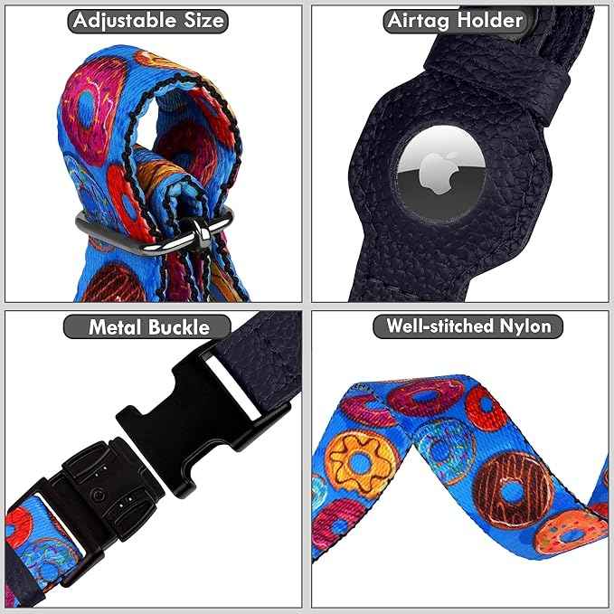 AirTag Dog Collar with Metal Buckle - Printed Nylon Soft Leather Dog Collar with Apple AirTag Holder - Secure Tracking GPS Pet Collars for Girl Boy Small Large Dogs (L, 17"-21" Neck Fit, Donuts)