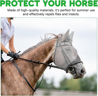 2 Pcs Horse Fly Mask with Ears Adjustable UV Protection Horse Fly Mask Accessories Large Eye Space with Ears for Horses Summer, Black and Gray, L