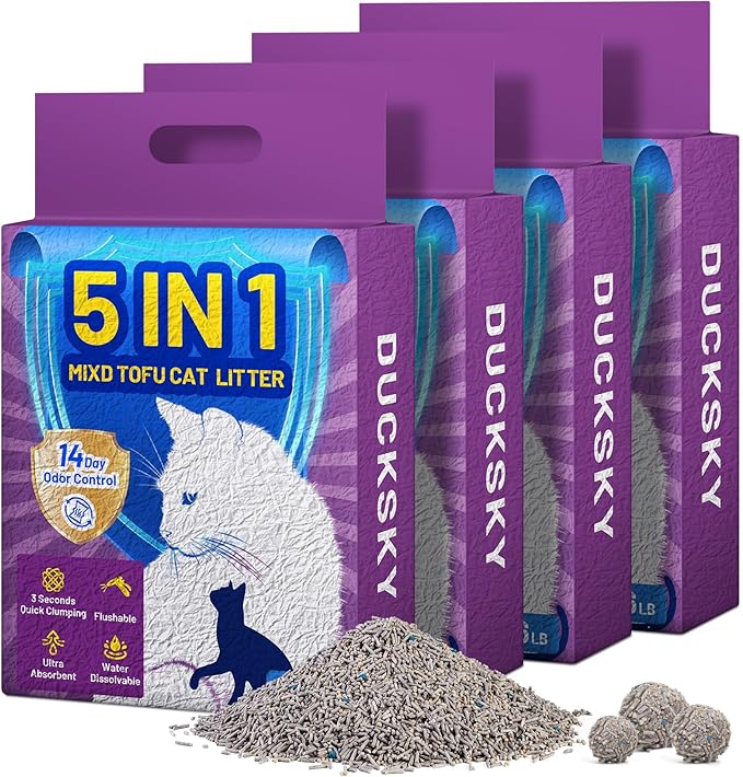 Ducksky Tofu Cat Litter Fast Clumping 5in1, Natural Plant-Based flushable Lightweight tofu Litter for Kitty, Effective Odor Control,unscented pellets, 99% Dust- Free,Low Tracking,(6.6LB x 4 Pack)