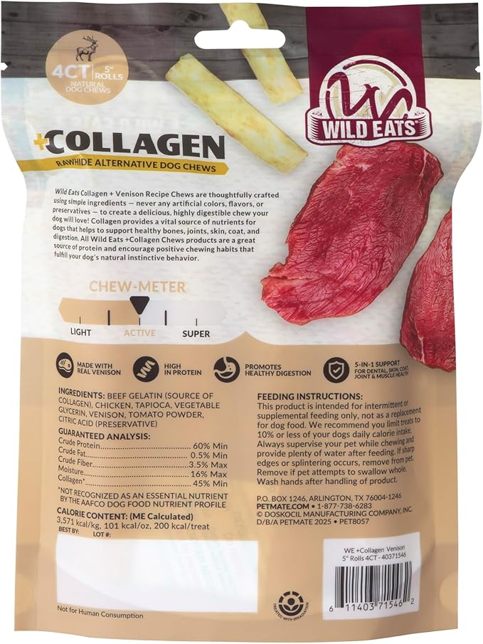 Wild Eats Venison Flavor Collagen Retriever Style Cheek Rolls 5" Dog Chews-4 Pack (Long Lasting Dog Chews Treats & Bones for Medium Dogs) Substitute for Pig Ears for Dogs
