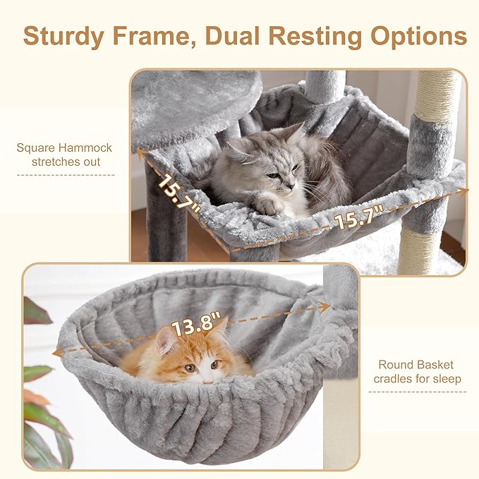 Heybly Cat Tree, 76-Inch Tall Heavy Duty Cat Tower for Big Cats with Extra Wide Baseboard, Multi-Level Large Cat Furniture with 2 Condos & 2 Hammocks, 10 Scratching Posts, Light Gray HCT039W