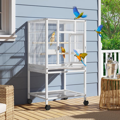 YITAHOME 41 inches Metal Bird Cage for Parakeets: Large Parrot Cages with Tray, Food Boxes, and Wooden Perches with Rolling Stand & Brakes for Lovebirds Cockatiels Pigeon Finches, White