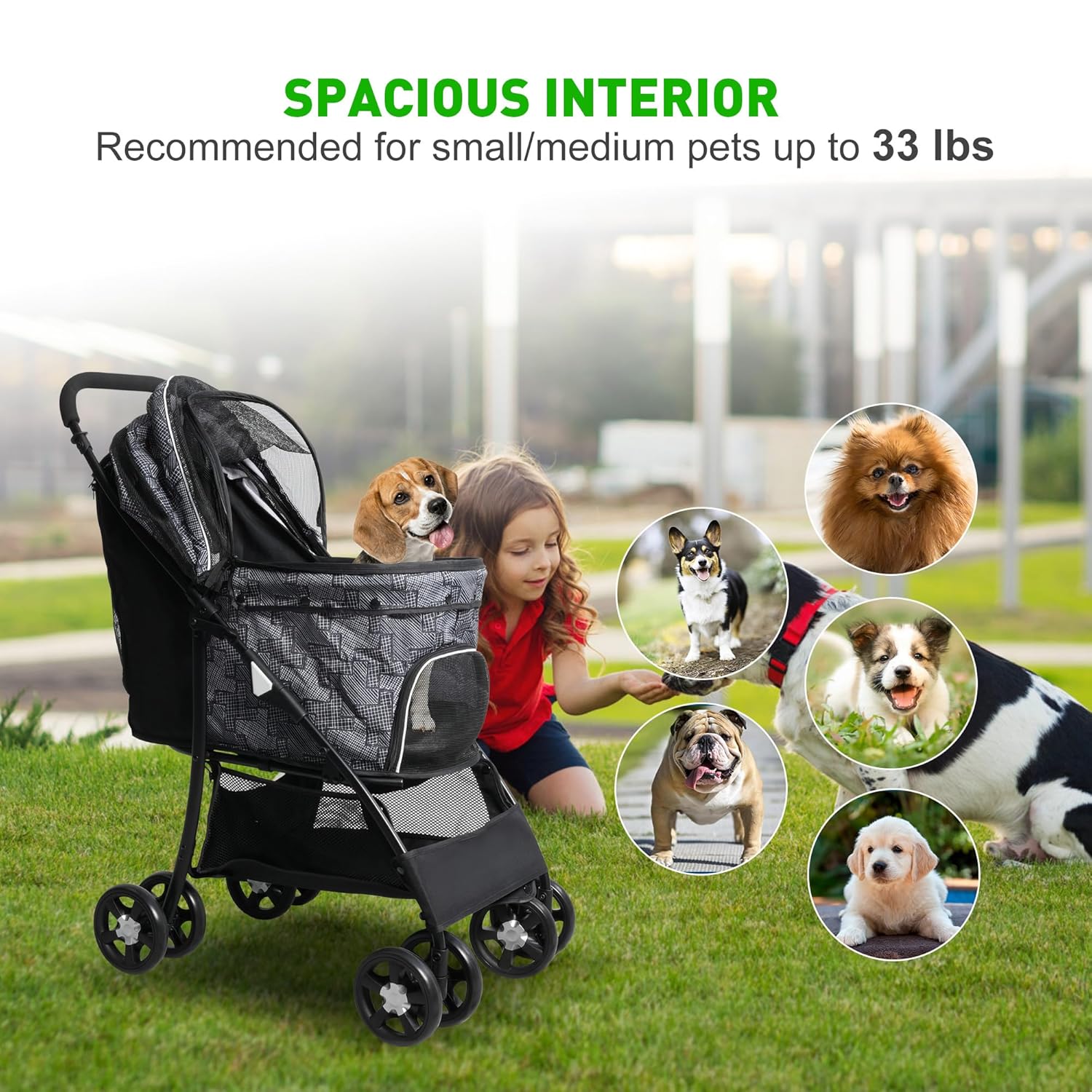 Lightweight Pet Stroller for Small/Medium Dogs and Cats - Foldable Travel Carriage with Storage Basket, Breathable Mesh & 4 Wheels - Up to 33 lbs – Black - Pawvie
