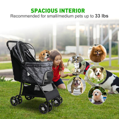 Lightweight Pet Stroller for Small/Medium Dogs and Cats - Foldable Travel Carriage with Storage Basket, Breathable Mesh & 4 Wheels - Up to 33 lbs – Black - Pawvie