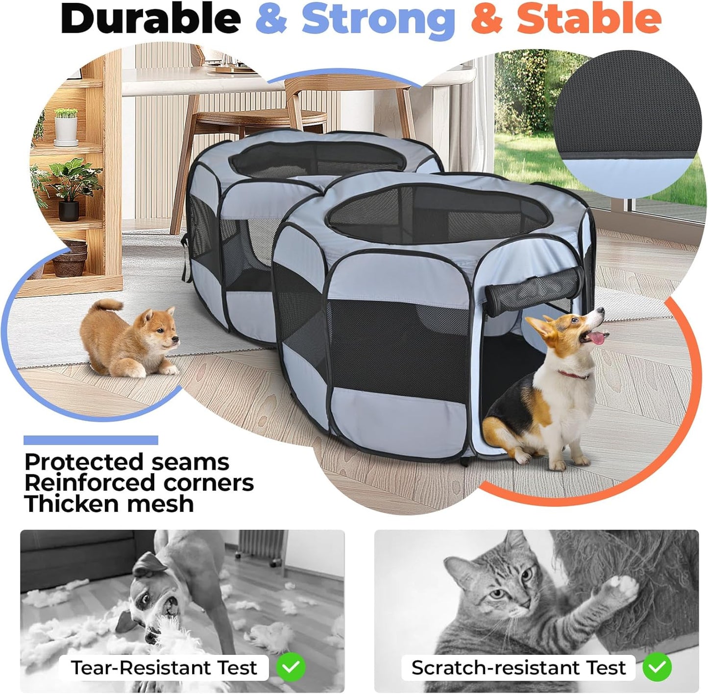 2-in-1 Dog Playpen, Pop Up Cat Puppy Pet Playpen, Indoor Outdoor Cats Enclosed, Cat Tent Crate Cage Kennel, Portable Playpen for Kitten and Small Animals(No Divider, Unified Space)