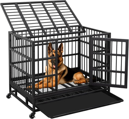 JY QAQA 38 Inch Heavy Duty Indestructible Dog Crate Double Doors Escape Proof Cage Kennel,Enhanced Metal Pet Cage,Extra Large XL XXL Crate Indoor for Large Dog with Removable Tray and Lockable Wheels