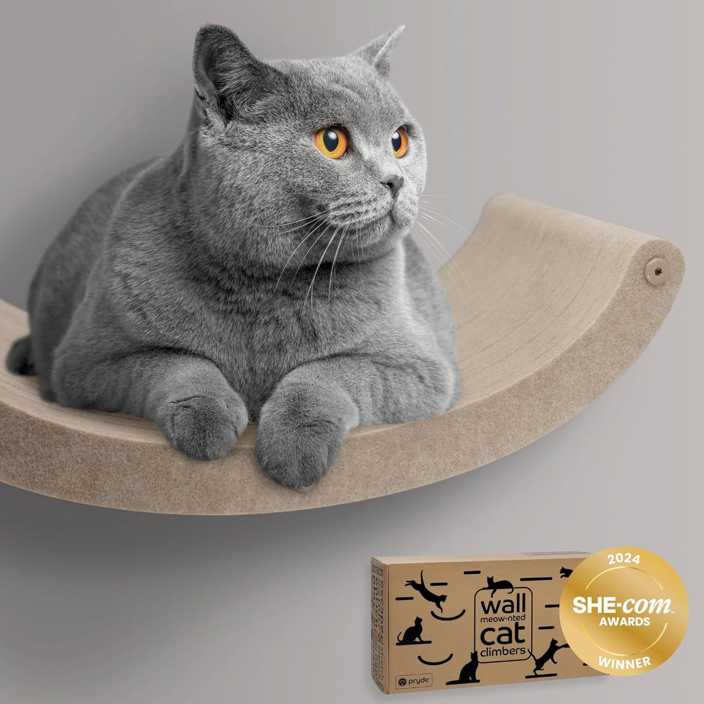 Wall Mounted Cat Hammock Bed by Pryde Pets - Floating Perch Curved Shelf, 100% Sustainable PET Felt Feline Enrichment Climber Furniture for Indoor Cats, Modern Climbing Gym Jungle Design (Oatmeal)