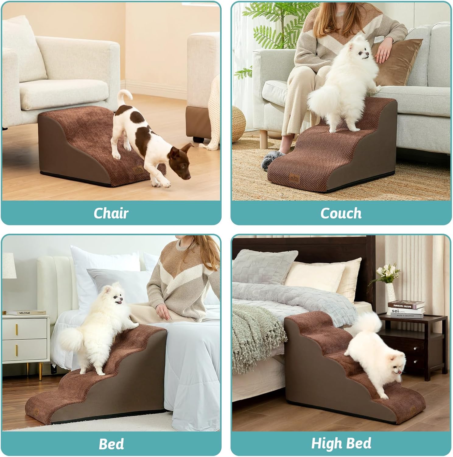 Dog Stairs for Small Dogs 19.7" H, Curved Dog Step for Puppy, Older or Cat, Medium Pet Ramp for Sofa, Couch or Bed, Ladder with High Density Foam, 15.7x28.3x19.7 inch, 4 Step, Brown - Pawvie