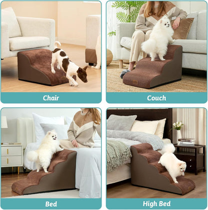 Dog Stairs for Small Dogs 19.7" H, Curved Dog Step for Puppy, Older or Cat, Medium Pet Ramp for Sofa, Couch or Bed, Ladder with High Density Foam, 15.7x28.3x19.7 inch, 4 Step, Brown - Pawvie
