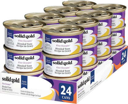 Solid Gold Wet Cat Food Shreds in Gravy - Healthy Canned Cat Food Made w/Real Tuna Shreds, Vitamins, Minerals & Taurine - Grain Free & Gluten Free Canned Meals for Cats & Kittens - 24ct/3oz Can