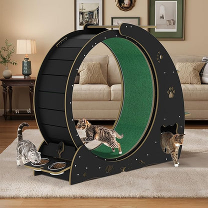 Cat Running Wheel for Indoor Cats, Large 6-in-1 Cat Treadmill with Bowls, Scratch Post & Resting House, Quiet Cats Wheel Exerciser for Kitty Fitness Black