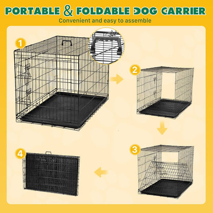 DUMOS Dog Crate with Double Doors, Metal Foldable Pet Cage with Divider Panel and Removable Tray, Portable Large Kennel for Outdoor Indoor with Handle, Black, 42 Inch
