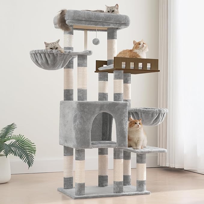 Cat Tree for Indoor Cats Large Adult, Heavy Duty Cat Tree for Large Cats 20 lbs+, Cat Condo with Big Wooden Perch, Cat Tower with 14 Scratching Posts, Hammock, Light Gray GCT023W