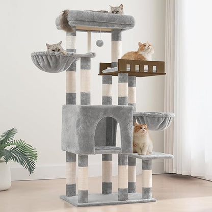 Cat Tree for Indoor Cats Large Adult, Heavy Duty Cat Tree for Large Cats 20 lbs+, Cat Condo with Big Wooden Perch, Cat Tower with 14 Scratching Posts, Hammock, Light Gray GCT023W